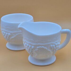Imperial Glass Vintage Grape Milk Glass Creamer and Sugar Setf